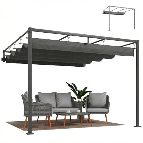 Outsunny 10' x 10' Retractable Pergola Canopy, Wall-Mounted Pergola with with Drainage Holes, Outdoor Sun Shade Shelter, UPF30+ and Water-Repellent for Patio, Garden, Dark Grey