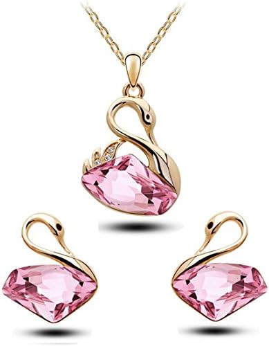 Cute Swan Crystal Pendant Necklace Set with Earrings for Women & Girls(Pink)(vgcmb182)