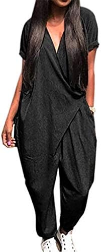 AoMoon Women's Casual V Neck Short Sleeve Romper Wrap Chest Baggy Harem Jumpsuit Playsuit