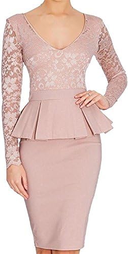 OnIn Women Slim Fit Pencil Long Sleeve Sheath Vintage Dress PinkLarge