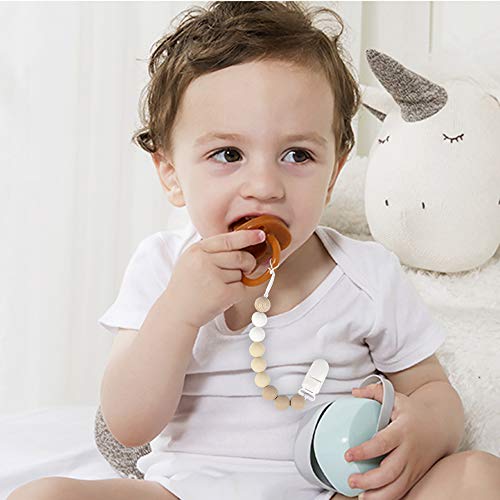 MCGMITT Pacifier Clip, Silicone Binky Teether Holder BPA Free Teething Beads for Baby Girls Boys, 2 Pack Shower Gift Set (Beige)
