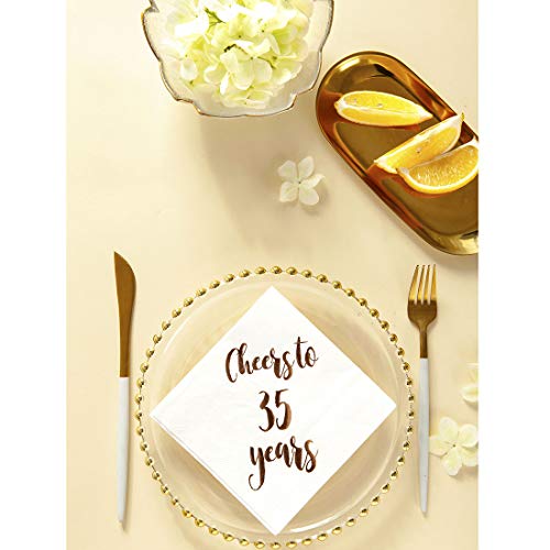 Cheers to 35 Years Cocktail Napkins, 50-Pack 3ply White Rose Gold 35th Birthday Dinner Celebration Party Decoration Napkin