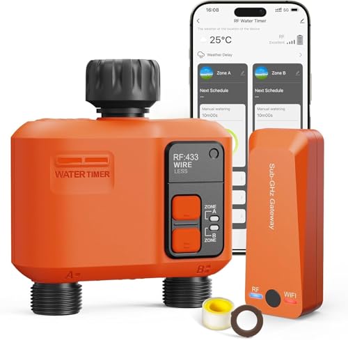 XinFuture Irrigation Computer WLAN 2 Outputs with 300 Metres RF, Strong Wall Penetration, Smart Irrigation Clock with App & Alexa Language, Automatic Watering System Rain Delay for Garden
