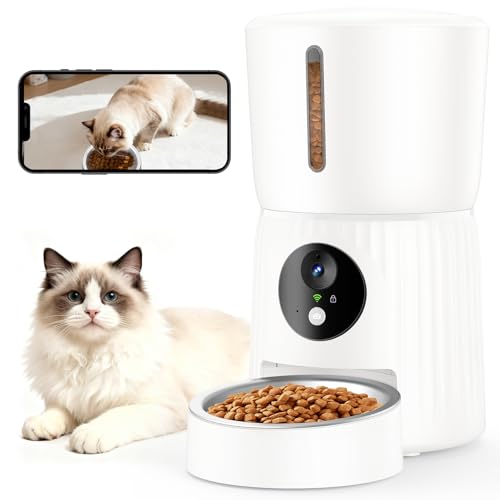 Faroro Automatic Cat Food Dispenser, HD 1080P Camera with Night Vision, 5G WiFi Feeder for Cat/Dog with Two-Way Audio, APP, Dual Power (White)