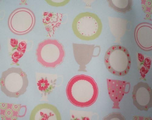 Teacups Duck Egg Blue Wipe Clean Cotton Oilcloth Tablecloth 200cm x 130cm by tableprotectordirect