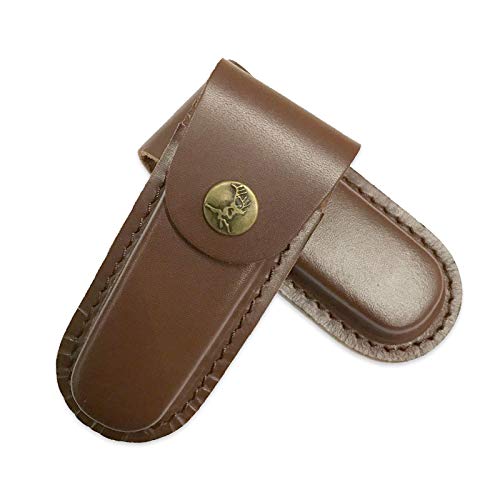 Folding Knife Holster, Brown Leather Snap Sheath with Belt Loop, Scabbard Pouch Bag Pocket EDC Camping Outdoor Tool GYDT01