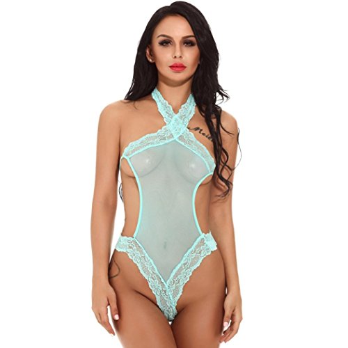WM & MW Clearance Sexy Women Lingerie Teddy Bodysuit Plunging Lace Bandage Snaps Crotch Nightwear (Small, Green)