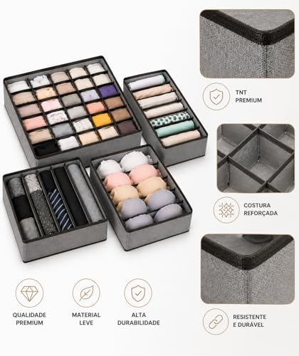 Kit Organizador de Gaveta 4 Peças, TNT Dobrável, com 24, 8, 7 e 6 Divisórias para Roupas Íntimas, Meias e Sutiã (Bege)