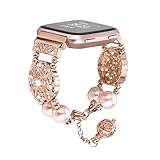 fohuas Compatible for Fitbit Versa Band, Adjustable Jewelry Versa Bracelet Fashion Pearl Elastic Stretch Wristband Strap with Essential Oil/Perfume Storage Pendan for Women Girl (Rose Gold)