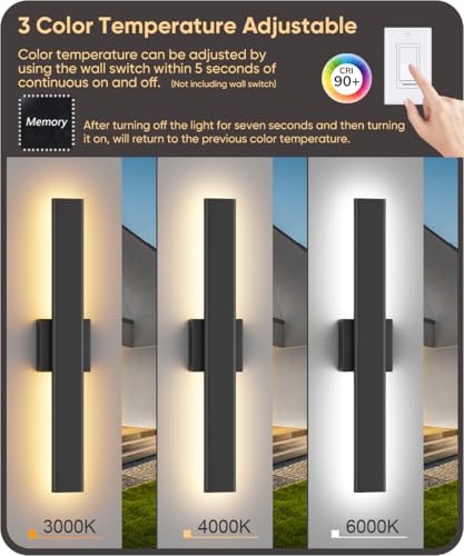 Aipsun 2 Packs LED Outdoor Wall Lights, 3000K 4000K 6000K, 23.6in Modern Black Outdoor Porch & Patio Wall Sconce, Linear Exterior Wall Light for Entrance, Hallway, Garage, Porch(3CCT)
