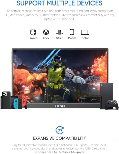 ARZOPA Portable Monitor 15.6'' FHD 1080P Kickstand Portable Laptop Monitor IPS Computer External Screen USB C HDMI Display for PC MAC Phone Xbox PS5 - A1