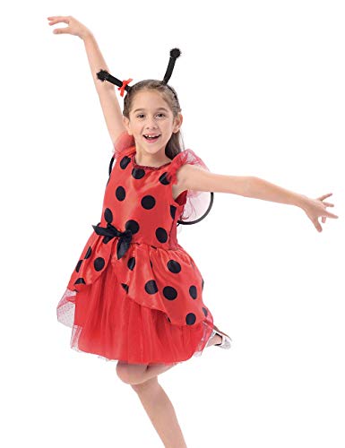 IKALI Girls Ladybug Costume for Kids, Ballerina BeetleÂ Wings Fancy Dress up Outfit, Miraculous Ladybug Skirt Suit (4-6Y)
