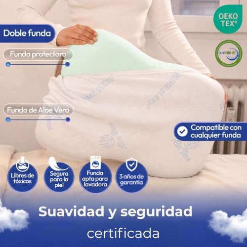Almohada Cervicales y Cuello Alta Densidad 2 en 1 Apta para Todas Las Posturas | Almohada Viscoelástica Ergonómica de Célula Abierta | Soporte Ortopédico | Funda Aloe Vera Lavable