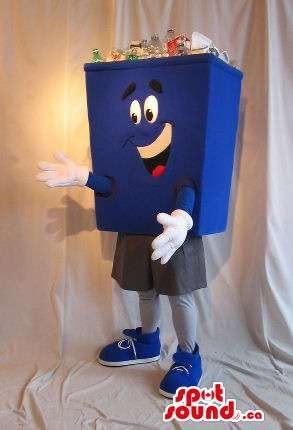 Cute Blue Trash Can Or Recycling Box Plush Mascot SpotSound US With Bottles