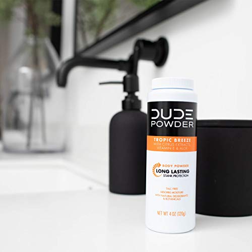 DUDE Body Powder, Tropic Breeze 4 Ounce Bottle Natural Deodorizers With Citrus Extracts & Aloe, Talc Free Formula, Corn-Starch Based Daily Post-Shower Deodorizing Powder for Men