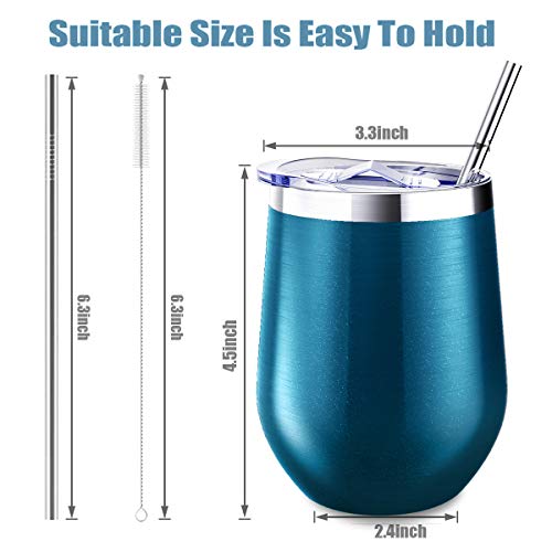 Blingco 12 oz Stainless Steel Stemless Wine Glass Tumbler with Lids and Straws, Unbreakable Double Wall Cup Insulated Tumbler for Wine, Coffee, Drinks, Cocktails, Champagne(Blue Green) - Thumbnail 2