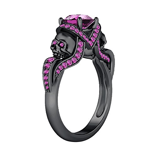 Smjewels 1.52Ct Pink Sapphire CZ Engagement & Wedding Two Skull Design Ring 14K Black Gold PL
