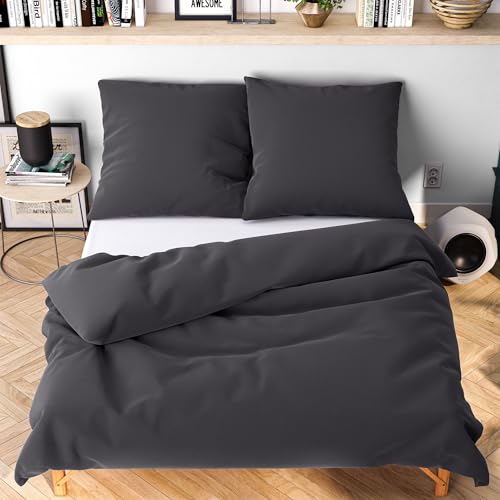 Wolkenfeld Bettwäsche 220x240 cm 3teilig – Anthrazit - kuschlig weich & bügelfrei – ÖKO-TEX Zertifiziert – Mikrofaser Bettwäsche-Sets 1x Bettbezug 240