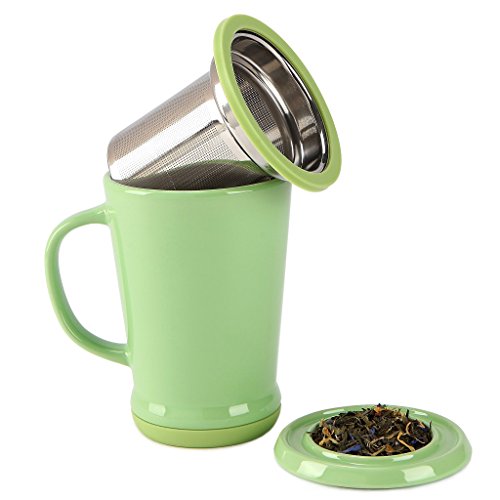 casaWareTilt and Drip Tea Infuser Ceramic Mug, 14-Ounce (Matcha Green)