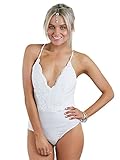 Clothink Women White Spaghetti Strap V neck Lace Panel Cross Back Plain Bodysuit
