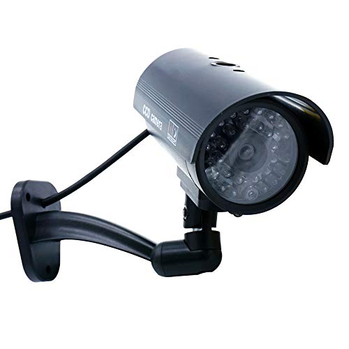 Dummy Security Camera Bullet Fake CCTV Outdoor Indoor Imitation Wall and Dome Surveillance with Flashing Blinking LED, Warning Sticker, 4 Packs, Black