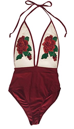 Dellytop Women Plunge V Neck Retro Embroidery Rose Sheer Mesh One Piece Swimsuit