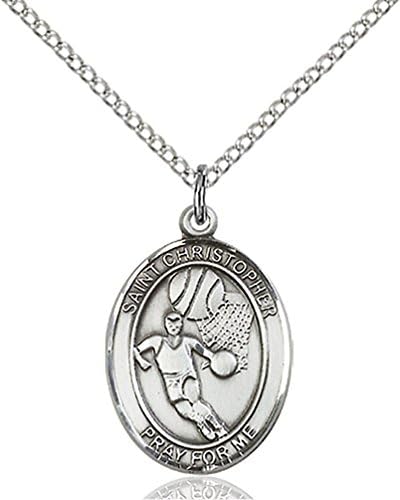 Sterling Silver St. Christopher/Basketball Pendant with 18" Stainless Steel Lite Curb Chain. Patron Saint of Travelers/Motorists