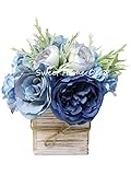 Sweet Home Deco 8'' Silk Rose Peony Hydrangea Mixed Flower Arrangement w/ Wood Vase Wedding Home Decorations (Blue)