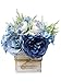 Sweet Home Deco 8'' Silk Rose Peony Hydrangea Mixed Flower Arrangement w/ Wood Vase Wedding Home Decorations (Blue)