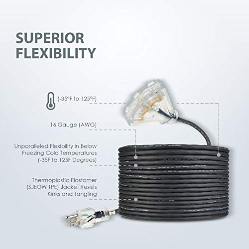 50 FT 16/3 Outdoor Extension Cord - Rubber, Flexible, Triple Outlet, Black Wire with Live Power Light Indicator. 13 Amp - Thumbnail 2