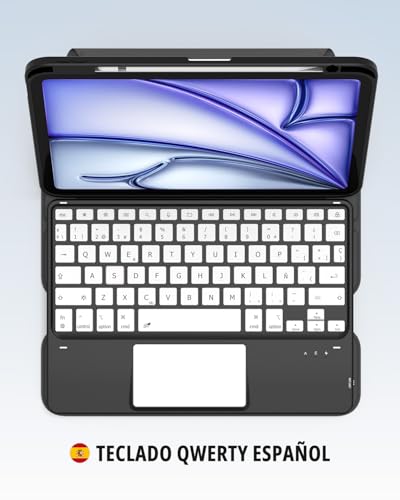 CACOE 360° Rotating Keyboard Case for iPad Air 8/7 Generation 2026/2025 M4/M3 11 Inch Air 6/5/4 with Touch Panel, 7 Color Backlight, Removable Wireless Keyboard, Black