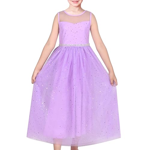 Sunny Fashion Mädchen Kleid Lila Funkeln Tüll Schier Masche Gürtel Geburtstag Wettbewerb Party Urlaub Gr. 122,Helles Lila,122
