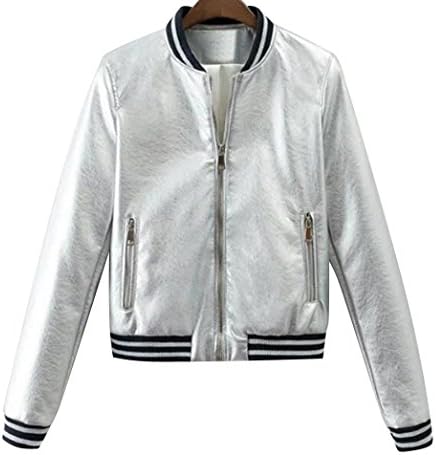 TRENDY XU Womens Fashion Stand-collar Bomber Baseball Jacket Glitter Coats (L, Silver)