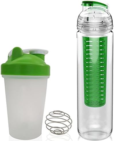 24oz Healthy choice Fruit Infusing Water Bottle, and 14oz Shaker Blender Bottle, Eco-Friendly and BPA free (Green)