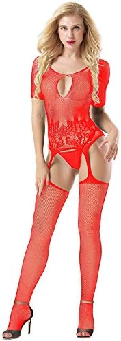 DRASEX Womens Fishnet Crotchless Bodystocking Jacquard Bodysuit Lingerie Open Crotch Body Stocking - Red