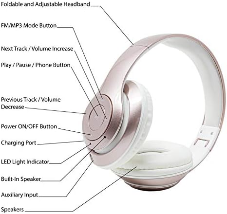 Bluetooth Headphones, Wi-fi Adjustable Headset, Constructed-in Mic, FM Tuner, Micro SD Slot, 3.5mm Aux Possibility, USB Rechargeable, Rose Gold