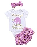 Cute Baby Girl Daddy's Girl Print Bow Romper+Multi-Tulle Ruffle Bowknot Shorts Outfit (0-6 Months, Purple Elephant)