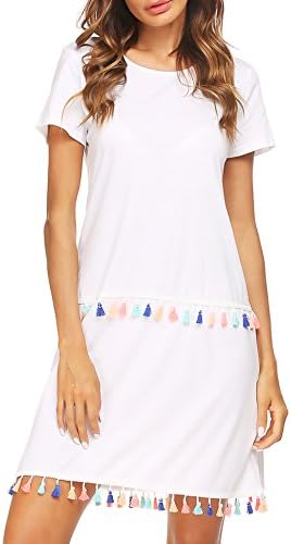 FineFolk Women's Short Sleeve Crewneck Loose Casual Tunic Swing Tassel Dress,White,L