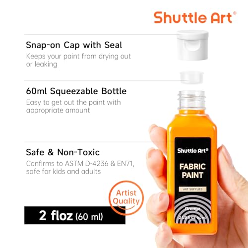 Shuttle Art Fabric Paint, 18 Colors Permanent Soft Fabric Paint in Bottles (60ml/2oz) with Brushes, Palette, Stencils, Non-Toxic Textile Paint for T-Shirts, Shoes, Jeans, Bags, DIY Projects&Art