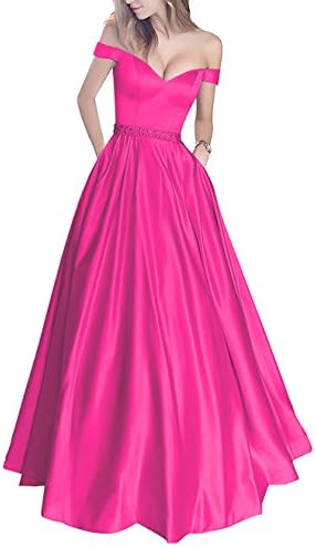 Xoemir Women's Off The Shoulder Beaded Satin Evening Long Prom Dress With Pocket