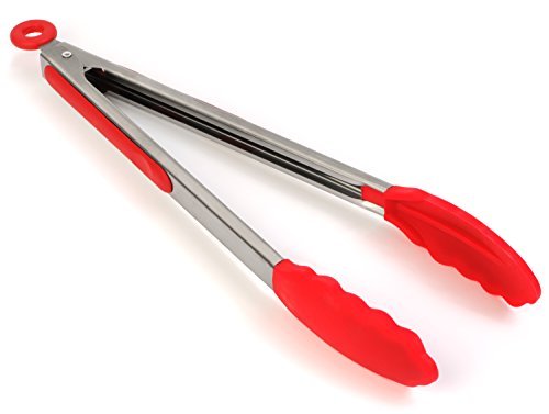Devulj Silicone Kitchen Tongs By Non-Stick Friendly, Stainless Steel Salad Tongs With Heat-Resistant Silicone Tips – 12” Tongs For Griller Turner, BBQ, Serving Asparagus, Appetizer Food, Candy