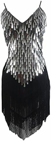 Syne Sun Women's 1920s Gatsby Art Deco Tassel Fringe Sway Flapper Costume Dress (Sliver/Black)
