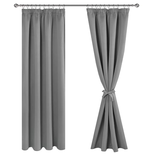 JIUZHEN Vorhang Blickdicht Gardinen mit kräuselband Verdunklungsvorhänge Gardinen Wohnzimmer Vorhänge Schlafzimmer Thermovorhang Grau H225 x B140 cm 2er Set