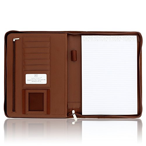 Zippered Leather Business Portfolio Padfolio – Professional Dark Brown PU Leather Portfolio Binder & Organizer Folder with 10.5 inch Tablet Sleeve by Lautus Designs