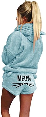 SEENFUN Womenโs Pajamas Cozy Sleepwear Fleece Meow Embroidered Hoodie Pj Set