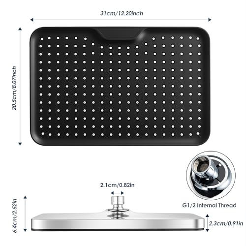 Ronvie 12 Inch Large High Pressure Water-Saving Square Rain Shower Head, Chrome Fixed Overhead Ceiling Showerhead with Adjustable Ball Joint G1/2” Universal Fitting Bathroom Easy Installation