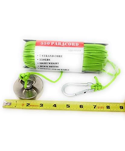 Magnet Fishing Kit "THE GREEN GRABBER" Fully Assembled Super Strong Magnet neodymium Premium 350 lbs force with factory locked eye bolt threads 100 ft of 550 Paracord and Snap Clip for safe attachment
