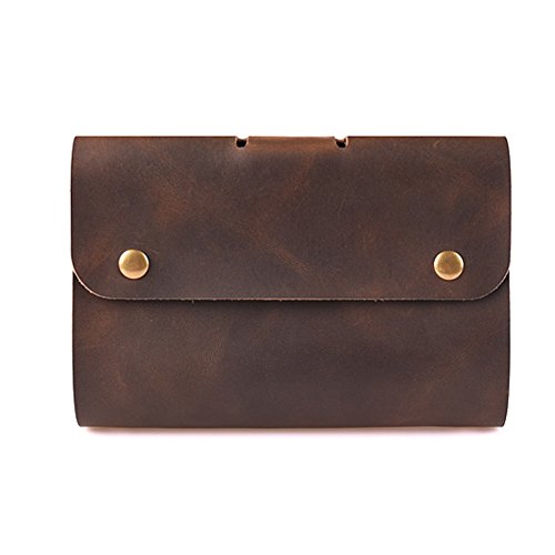 ZE Handmade Travel Leather Business Portfolio 6-Ring A6 Size Loose-Leaf Notebook (Dark Brown)