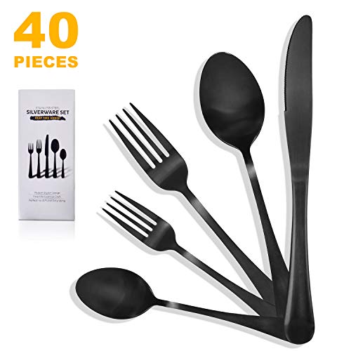 Matte Black Silverware Set 40 Piece, Stainless Steel Black Flatware Set Service for 8, Black Utensils Cutlery Set Including Knife Spoon Forks, Gift Packaging for Weddings, Housewarming - Thumbnail 7