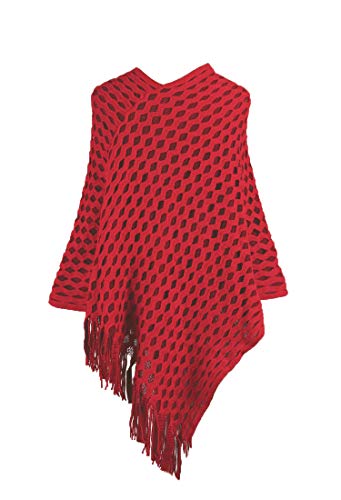 Women's Pullover Shawl Knit Poncho Sweater Capes with Fringed Sides Loose Fitting Poncho Cape